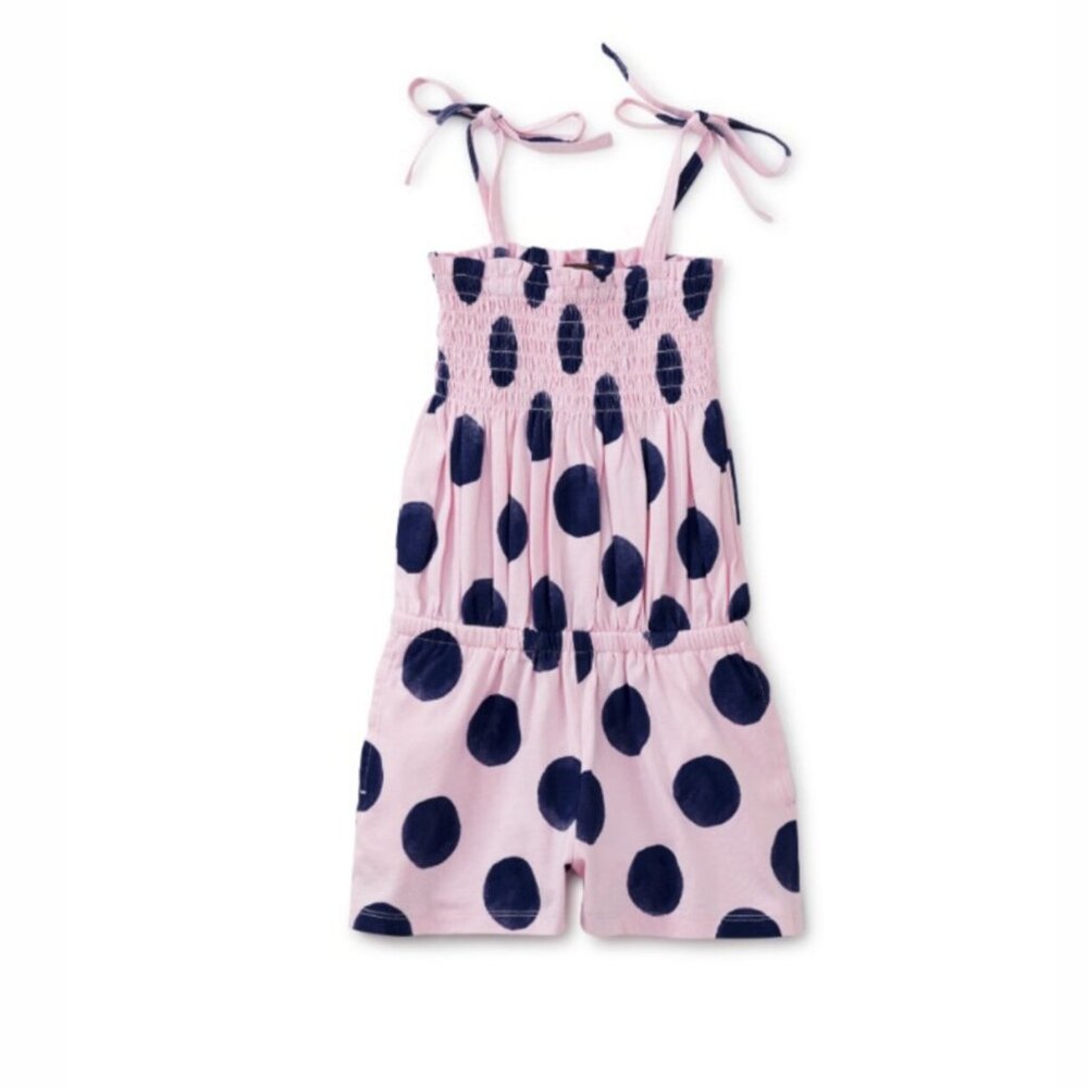 NWT Tea Collection Tie Shoulder Smocked Romper Big Mambo Dot Pink Size 2